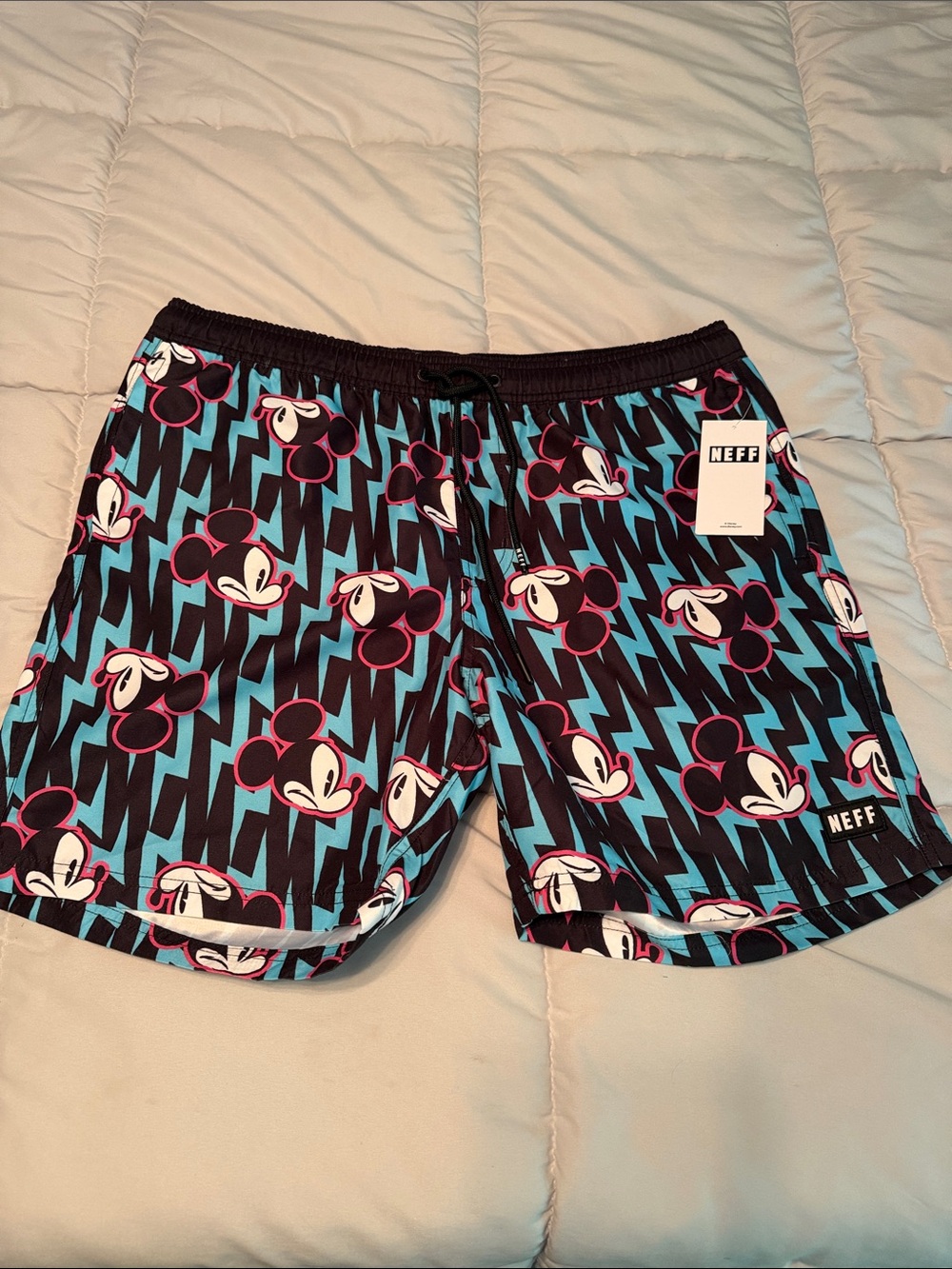 Neff Black and Blue Mickey Mouse Swim Shorts with Pink Accents